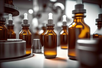 Close-up of Brown Bottles in Pharmacy Lab. Photo generative AI