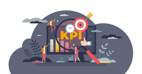 KPI or key performance indicator as performance measure tiny person concept, transparent background.Data evaluation for organization success and activity improvement illustration.