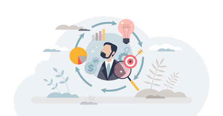 Performance management for manager with activity control tiny person concept, transparent background. Effective and productive work task process for company plan satisfaction illustration.