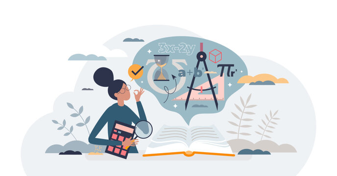 Math tutor and mathematics teacher explains equations tiny person concept, transparent background. School staff assistance for better knowledge acquisition and academic guidance illustration.