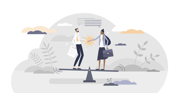 Negotiation about fair and equal business deal or contract details tiny person concept, transparent background. Agreement work solution.