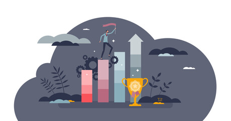 Achievement performance and successful growth progress tiny person concept, transparent background.Company sales and profit boost with increased development illustration. - obrazy, fototapety, plakaty