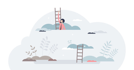 Aspiration to reach high goals and business targets tiny person concept, transparent background. Climbing above clouds as big dreams and career opportunities symbol illustration.