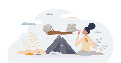Balance of nature as climate sustainability and harmony tiny person concept, transparent background. Equilibrium with all processes as weight with pebbles illustration.