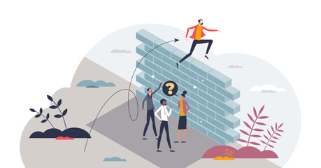 Barrier to competition and obstacles for achievement tiny person concept, transparent background. Business challenge and hold back situation because of prejudice and inequality illustration.