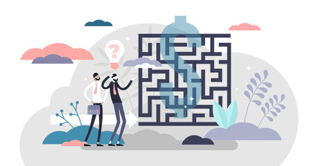 Business maze concept, flat tiny person illustration, transparent background. Abstract labyrinth puzzle symbol with confused businessman. Solving problems and deciding strategy plan direction.