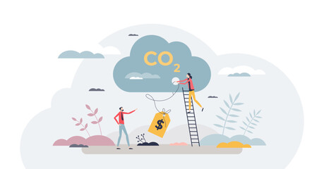 Carbon tax payment and cost for fossil CO2 emitting tiny person concept, transparent background. Environmental protection with dioxide gas financial price fee illustration.