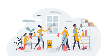 Cleaning jobs and professional hygiene service for home tiny person concept, transparent background. Clean and fresh window washing, floor moping and dust removal illustration.