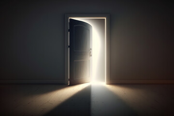 Empty door opened light. Light shining through open door. 3D realistic illustration. Based on Generative AI