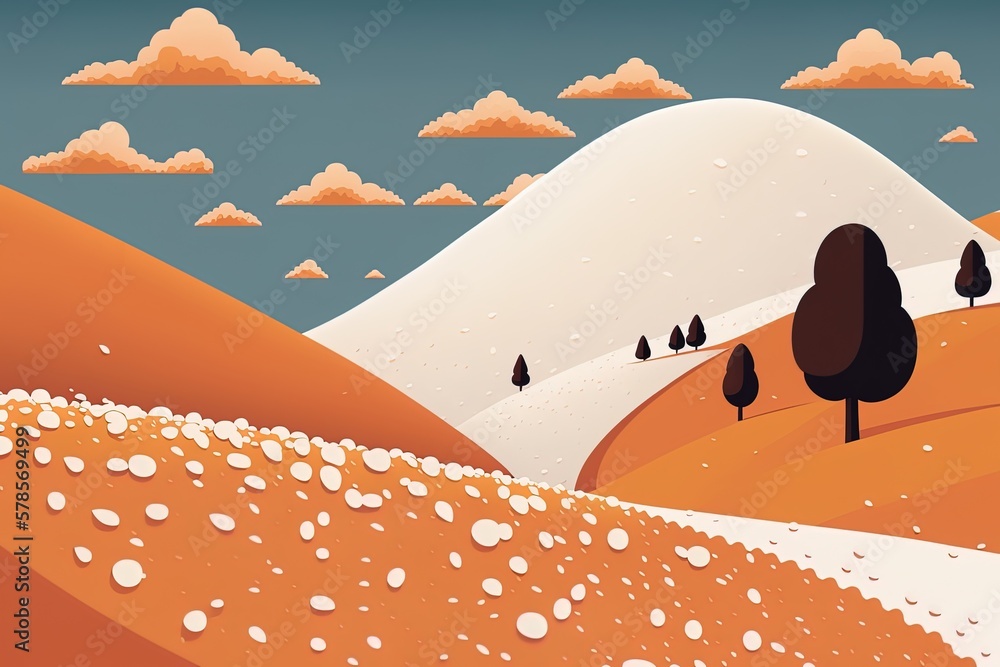 Poster a skyline in the backdrop of an orange field with a snowy peak in the front generative ai
