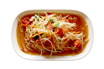 Spicy papaya salad yummy or somtum is a Thai foods in isolated background.