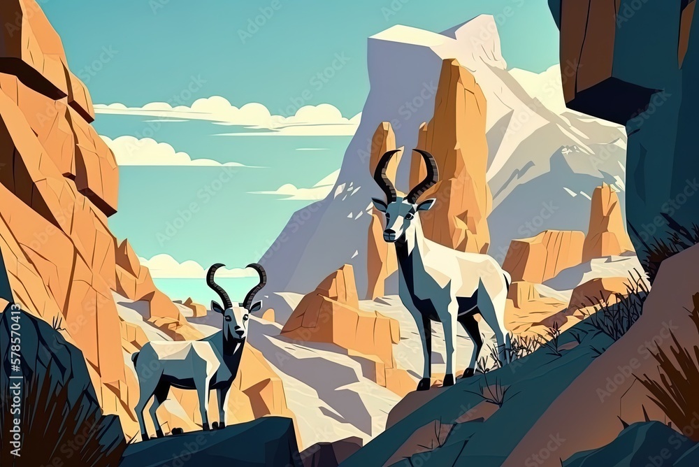 Aufkleber goats grazing on sunlit slopes, captured in a vertical image generative ai