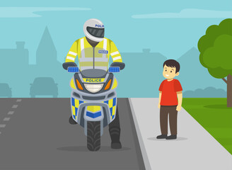 Happy kid talking to motorcycle patrol. Little boy looking at police officer. Front view. Flat vector illustration template.