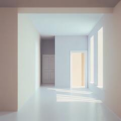 A minimalistic hallway in white, photorealistic illustration, Generative AI