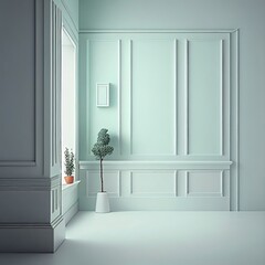 Hallway: interior, monotone, light, window, plants, home, empty, blank, nobody, no people, photorealistic, illustration, Generative AI