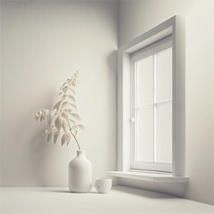 A white vase by the window, still life, photorealistic illustration, Generative AI