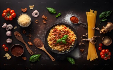 Italian food with spaghetti ingredients top view with copy space