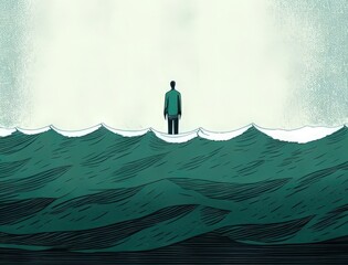 A solitary figure stands in the ocean the waves of behavior seeping into their subconscious. Art concept. AI generation.