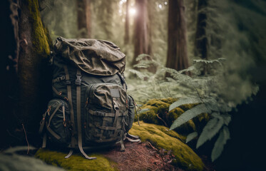 Travel backpack or old military hunting bag leaning against a tree on the forest floor. Travel, hiking and camping concept, copy space for text.