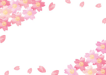 桜と桜の花びらが舞い散るフレーム_水彩