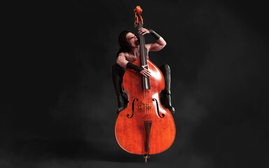 3d Illustration Devil pose and plays a double bass surrounded on dark background with clipping path. Death Rock Musician. Symphony rock party and Halloween Project.  © mrjo_7