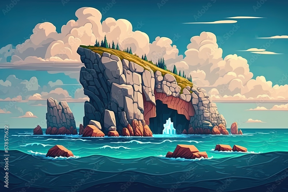 Poster view of the gorgeous ocean from above, with a massive rock in the backdrop and a gloomy sky. generat