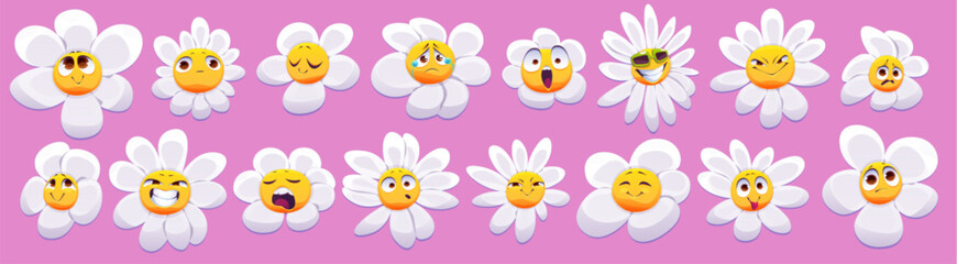 Cute daisy flower character with smiling face. Different emotions of chamomile. Emoji icons with funny daisy character isolated on pink background, vector cartoon set