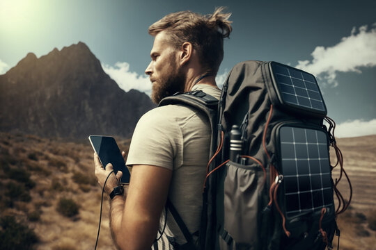 A young man hiking with a backpack that has solar panels attached to charge gadgets. A tech-savvy hiker. A backdrop of mountainous terrain.