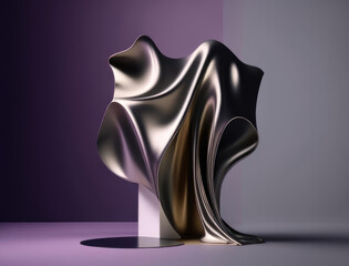 Luxuriant strands of cloth in a shimmering wind. Podium, empty showcase for packaging product presentation, AI generation.