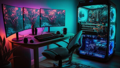 Insane Gaming Setup with Neon RGB Lights Generative AI
