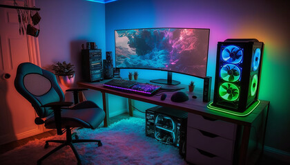 Insane Gaming Setup with Neon RGB Lights Generative AI