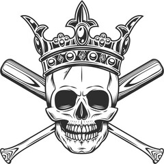 Skull in crown with baseball bat club emblem design elements template in vintage monochrome style isolated illustration