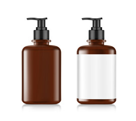 Realistic brown bottle with black dispenser mockup. Vector illustration isolated on white background. Perfect for the presentation of cream, tonic, soap disinfectant, etc. EPS10.	