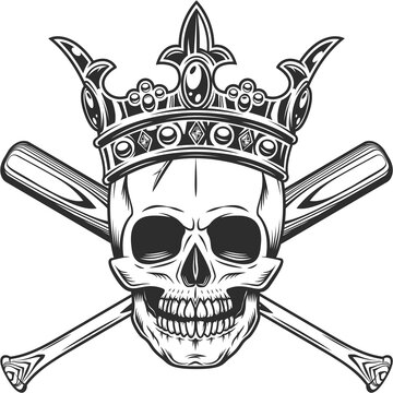 Skull in crown with baseball bat club emblem design elements template in vintage monochrome style isolated illustration