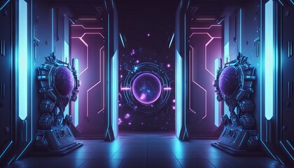 3d illustration of blue and purple futuristic sci-fi techno lights-cool background. Generative ai