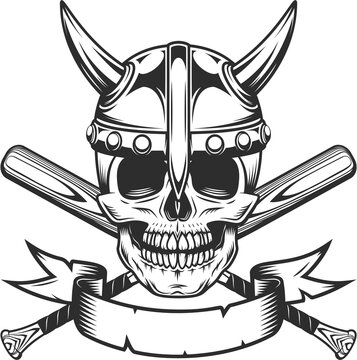 Viking skull in horned helmet and ribbon with baseball bat club emblem design elements template in vintage monochrome style isolated illustration