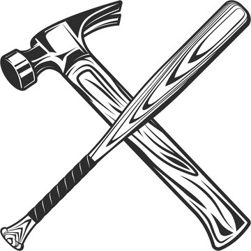 Construction hammer with baseball bat club emblem design elements template in vintage monochrome style isolated illustration
