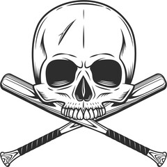 Skull without jaw with baseball bat club emblem design elements template in vintage monochrome style isolated illustration