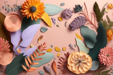 Creative layout made of autumn leaves and flowers. Flat lay, top view, copy space. Generative AI