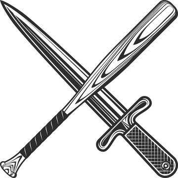 Dagger gangster knife with baseball bat club emblem design elements template in vintage monochrome style isolated illustration