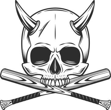 Skull and horn without jaw with baseball bat club emblem design elements template in vintage monochrome style isolated illustration