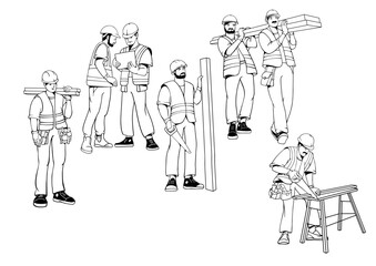 Construction workers set. Carpenter repairman wearing uniform. Vector, Line art.