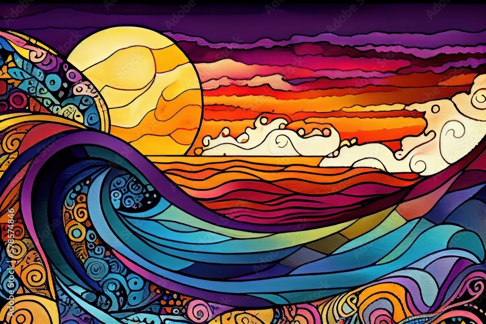 Sticker Abstract background with waves at sunset. Generative AI