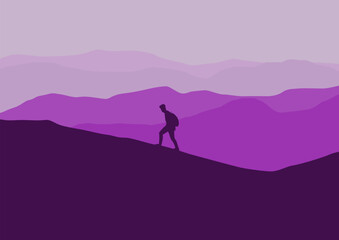 person silhouette hiking in the mountains, vector illustration.
