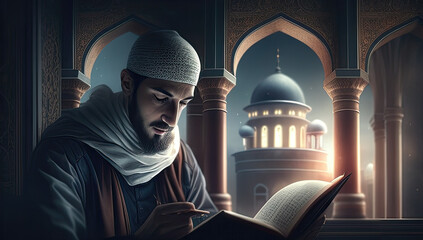 muslim man praying on a starry and crescent moon moon night. Ramadan concept. Generative AI - obrazy, fototapety, plakaty