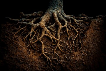 Tree roots in soil underground texture. Generative AI. Digital Art Illustration - obrazy, fototapety, plakaty
