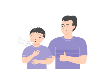 Obraz premium Relaxed kid breathing exercise with his dad. flat vector illustration. 