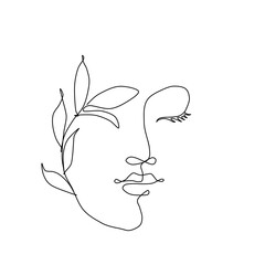 Continuous line drawing abstract woman face. Modern one line art, female portrait, aesthetic contour. Great for poster, wall art, tote bag, t-shirt print, sticker, logo. Vector illustration