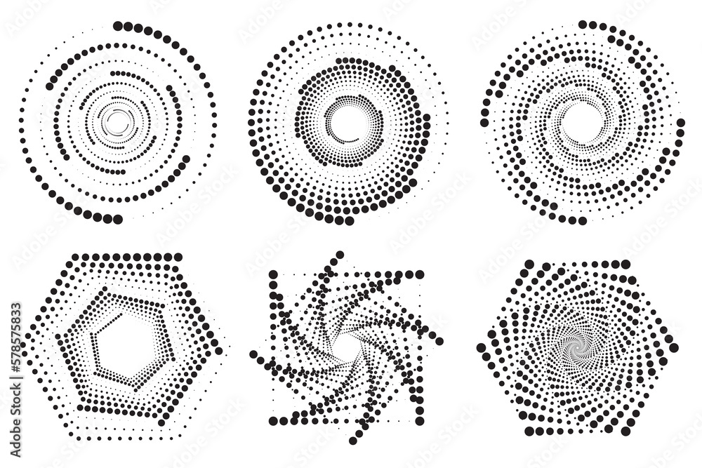 Poster dotted circles pattern. abstract half tone graphic set. circular textured round spiral frames. vecto