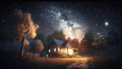 星空と民家　イメージイラスト　generative AI